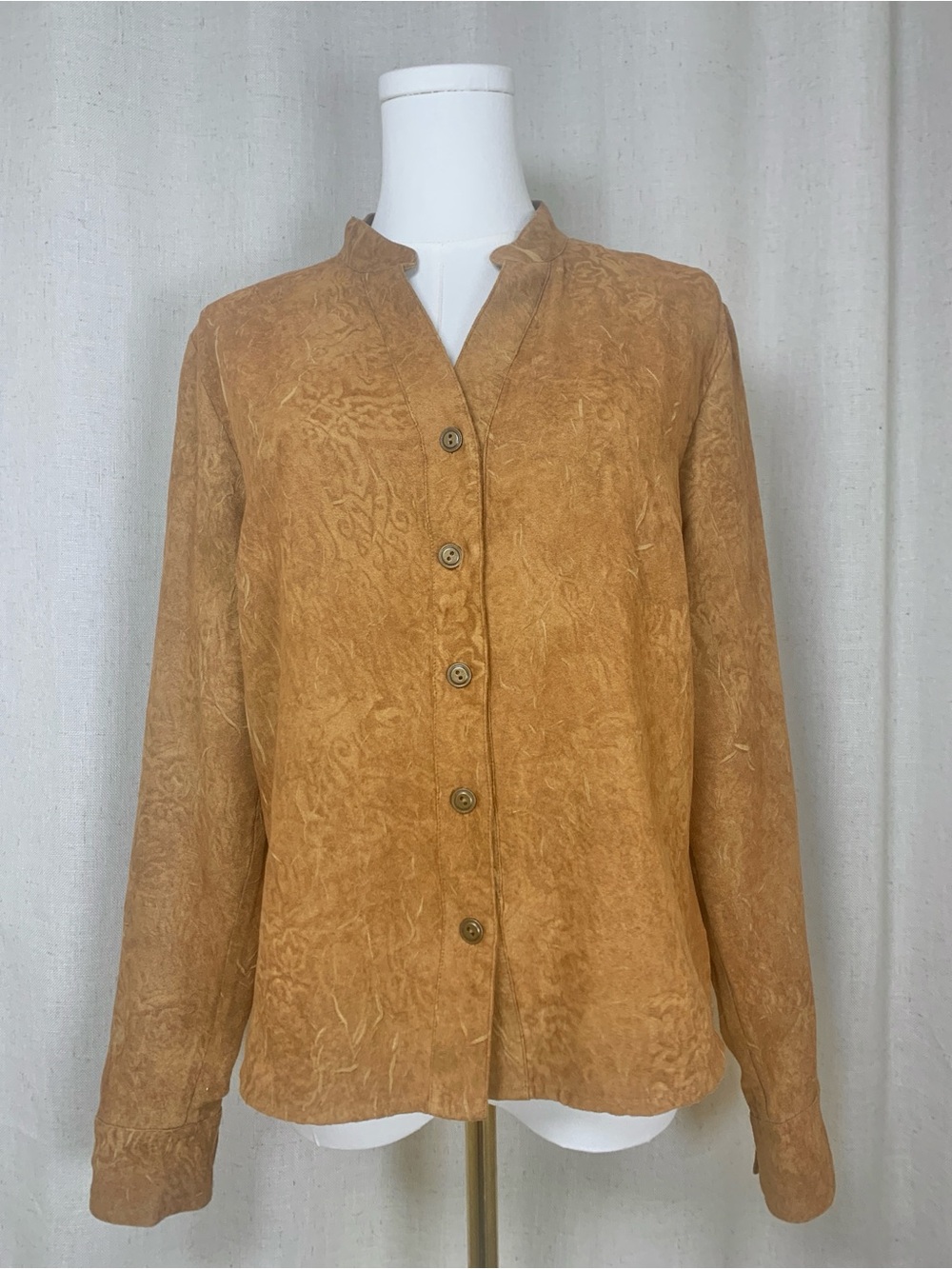 Vintage Christopher & Banks Faux Suede Button Front Blouse | Camel Tan | Small